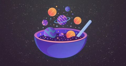 Surreal cosmic bowl with floating planets in space