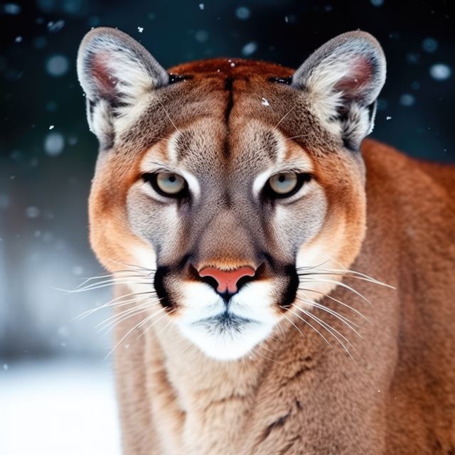 A majestic mountain lion stands in the snow, gazing intently forward. Its piercing eyes and alert demeanor suggest a wild elegance in its natural habitat.