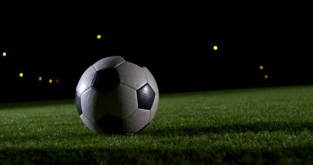 White and black football on grass background with copy space. Sport, competition and football concept, unaltered.