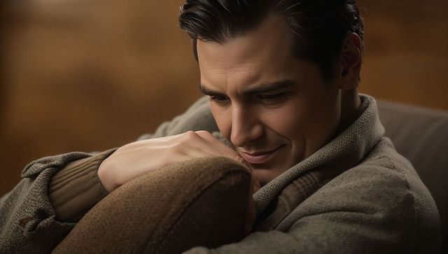 Man Leaning on Cushion Relaxing in Cozy Cardigan Warm Indoor Portrait Thoughtful Intimate