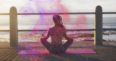 Woman Meditating by the Ocean with Digital Effects - Download Free Stock Images Pikwizard.com
