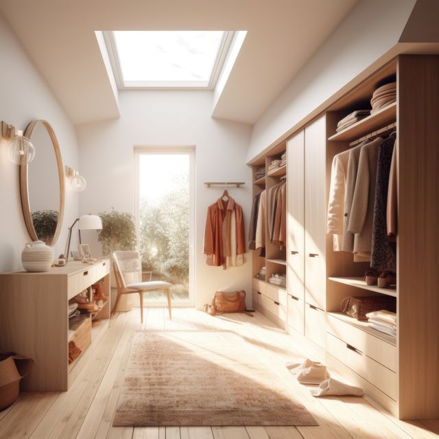 Modern cozy walk-in closet features natural light from a skylight, enhancing the wooden elements and warm tones. Ideal for home organization, interior design inspiration, or promoting fashion storage solutions. Suitable for articles on home improvement, minimalistic decor, or cozy interior setups.