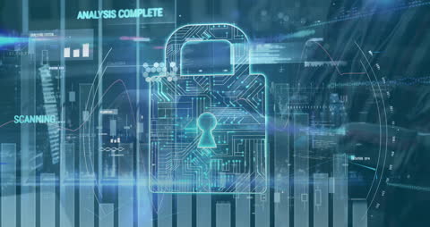 Digital Cybersecurity Visualization with Lock Hologram