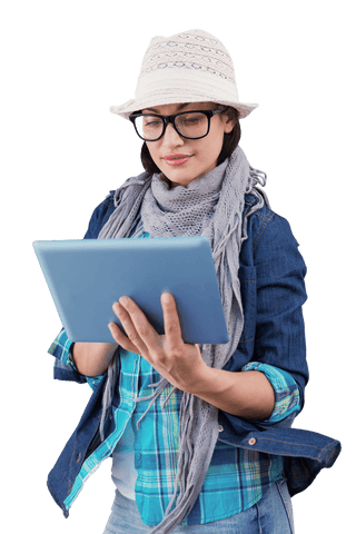 fashionable woman in hat using tablet on transparent background - Download Free Stock Videos Pikwizard.com