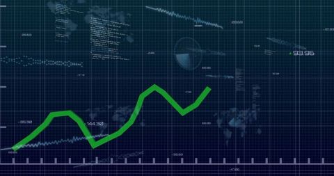 Thick green trend line rising across dark-blue analytics dashboard with gridlines and globe