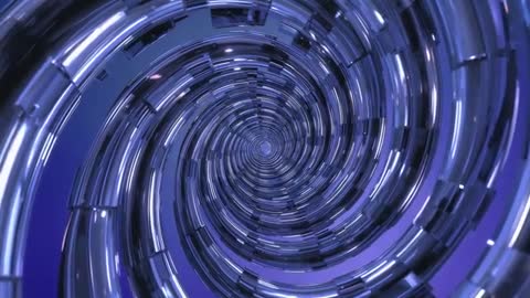 Camera Moving Through Reflective Chrome Spiral Tunnel Revealing Central Vortex Loop