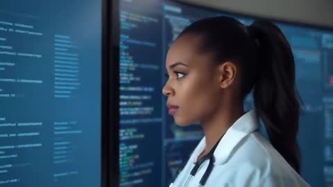 Doctor Analyzing Digital Data on Large Screens in Modern Workspace