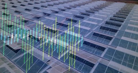 Tilted glass facade reflecting city with dynamic financial data visualization