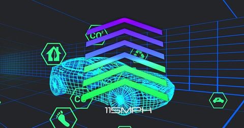 Futuristic digital car with eco-friendly data icons