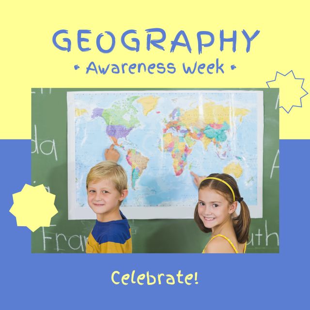 Use this visual to promote Geography Awareness Week activities in educational settings. Ideal for schools and educational websites focused on geography and world cultures. Depicts enthusiastic children engaging with a world map, perfectly illustrating study and celebration of geography.