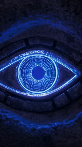 Vertical neon-blue cyber eye pulsing concentric rings on cracked industrial surface