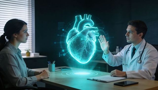 Doctor explaining holographic 3d heart during patient consultation in futuristic clinic