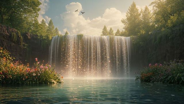 Cascading waterfall plunging into teal pool in sunlit forest canyon with sparkling mist