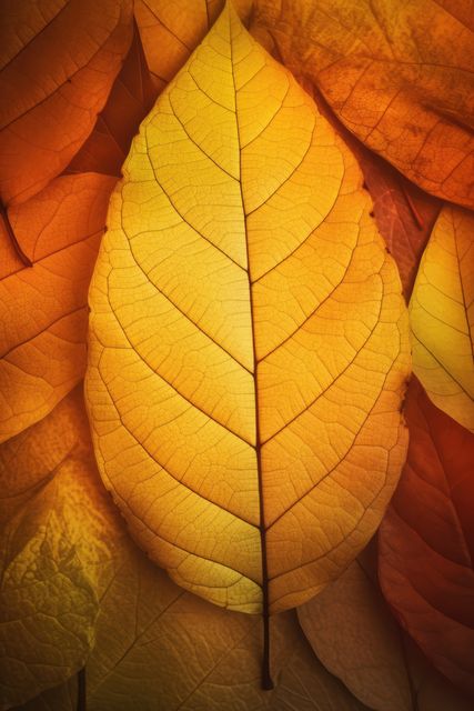 Close-up of golden autumn leaf displaying intricate vein pattern. Ideal for botanicals, nature themes, fall advertisements, seasonal designs, and educational materials focusing on plant anatomy and the beauty of nature.