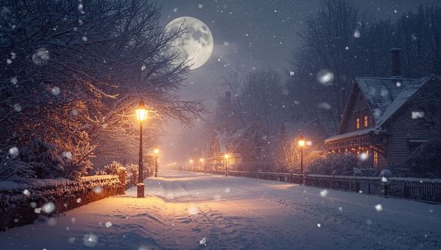 Peaceful Snowy Village Road in Moonlit Winter Night