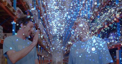 Volunteers Collaborating in Warehouse with Digital Overlay