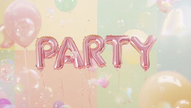 Floating rose gold foil balloon letters spelling party with pastel balloons and bubbles