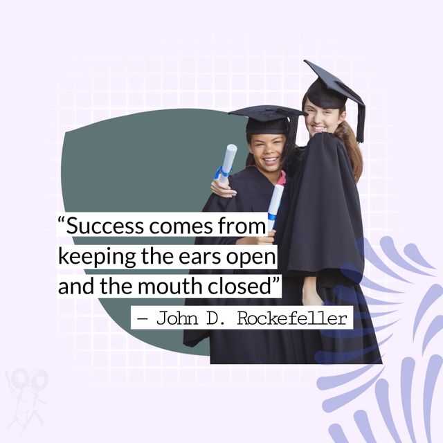 Vibrant image of two graduates in caps and gowns holding diplomas, highlighted with an inspirational quote about success. Perfect for use on social media announcements, graduation invitations, education-themed marketing materials, and motivational content.