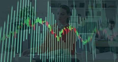 Working Woman Typing at Desk with Candlestick Stock Chart Overlay for Finance Team