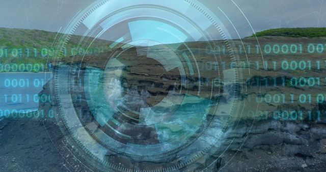 Futuristic digital interface over rocky inlet landscape