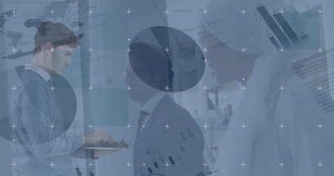 Business Professionals Analyzing Data with Abstract Overlay