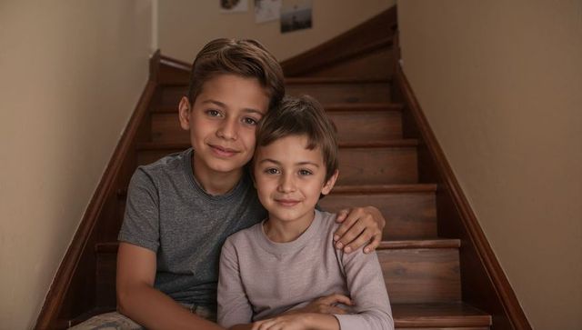 Brothers sharing hug on wooden stairs, cozy candid family moment showing sibling affection