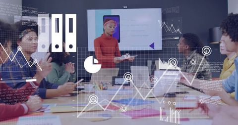 Presenting leader guiding data-driven meeting with interactive charts and diverse team
