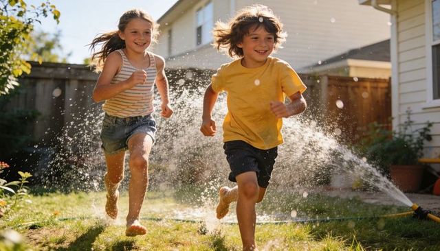 Children running through backyard sprinkler splashing water on sunny summer day