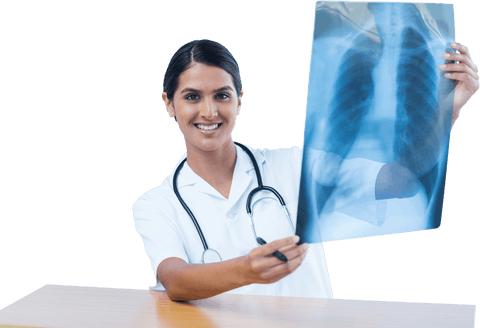 Smiling female doctor analyzing chest x-ray on transparent background