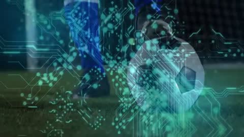 Soccer Kick with Circuitry Overlay Symbolizes Sports Technology Fusion