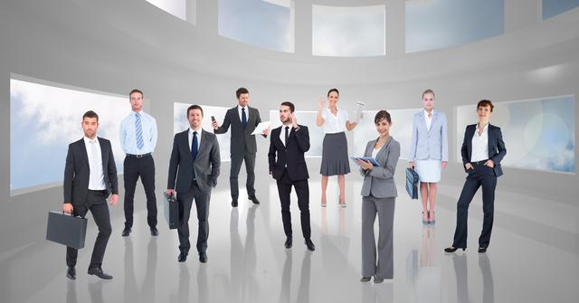 Group of business executives, dressed in professional attire, standing in a sleek, contemporary office space with large windows. Ideal for depicting teamwork, corporate meetings, modern business environments, or illustrating successful business communication in company brochures, websites, or presentations.