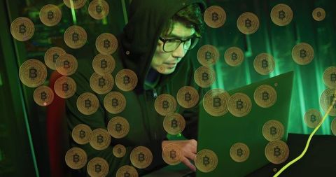 Hacker in server room with bitcoin interface digital concept