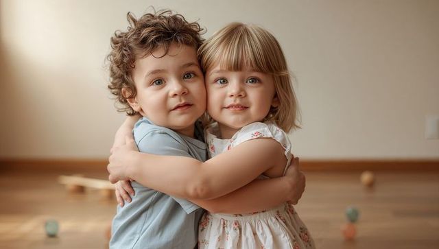 Toddler siblings hugging on hardwood floor with toys, warm family moment