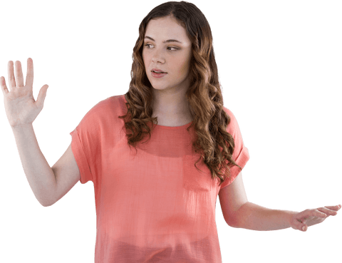 young woman in coral top gesturing with transparent gesture - Download Free Stock Videos Pikwizard.com