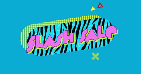 Neon flash sale banner featuring zebra stripes, halftone dots and retro pop art shapes