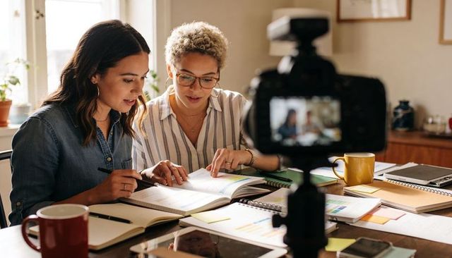Two women collaborating over documents in home office with dslr filming content