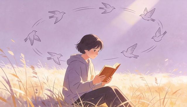 Teen reading hardcover book in sunlit meadow in hoodie with circling birds, dreamy stylized scene