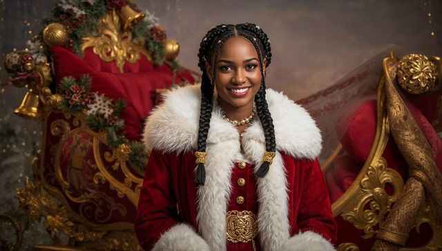 Elegant Woman in Festive Red Coat with Christmas Sleigh and Wreath