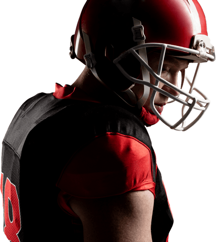 Transparent focused american football player wearing helmet