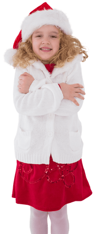 Festive Little Girl in Santa Hat and Winter Outfit on Transparent Background