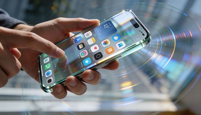 Tapping green smartphone screen generating holographic ripple rings near urban window in daylight