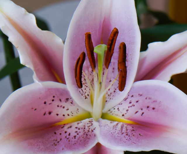 This photo captures a detailed close-up of a blooming pink lily, showcasing the intricate patterns and vibrant colors of the petals. The central anthers and stamens are clearly visible, adding a sense of depth and texture. Perfect for nature-themed projects, gardening websites, floral arrangements, or beauty and wellness content. It can also be used for wall art and greeting cards.