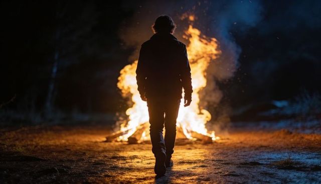 Silhouetted man walking toward bonfire in dark forest clearing at night