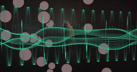 Neon teal waveform with pink bokeh and vertical light spikes pulsing on dark abstract