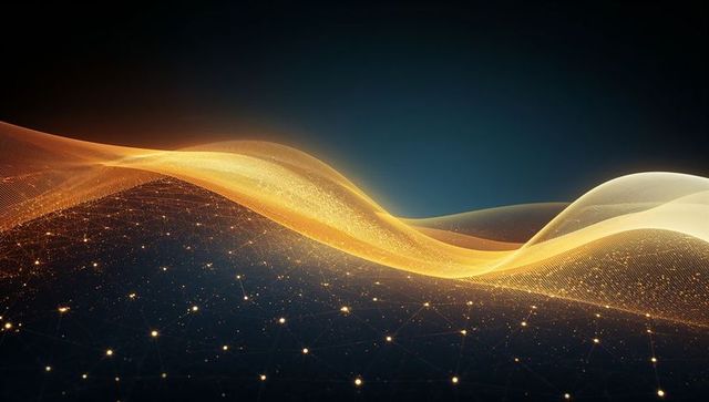 Golden data wave flowing over network grid with glowing nodes futuristic mesh