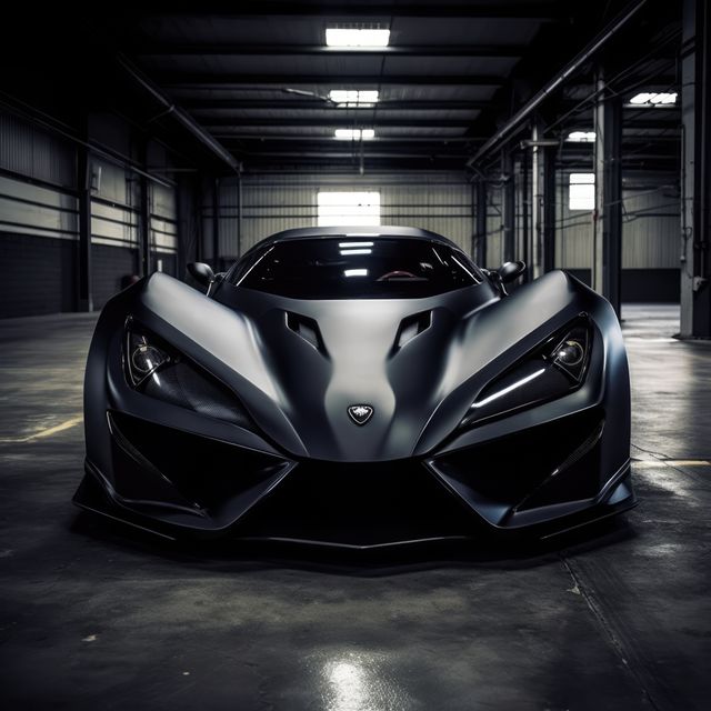 Shows a matte black supercar with an aggressive design parked in an industrial garage. Perfect for use in auto industry advertisements, high-performance vehicle promotional materials, luxury automotive brochures, and modern design showcases.