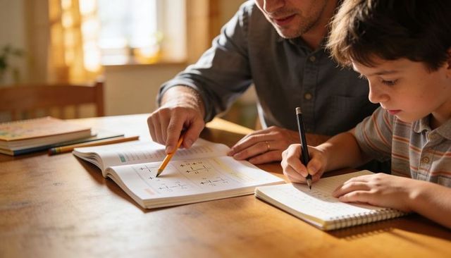 Father tutoring son solving math workbook at table, parent helping with homework