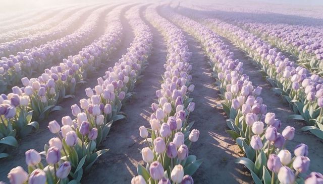 Pale purple tulip rows stretching into misty backlit horizon for spring floral landscape