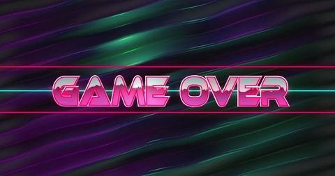 Neon pink game over text on futuristic arcade background