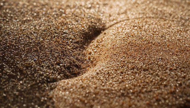 Macro golden granules and metallic fragments sparkling in shallow dunes with bokeh texture